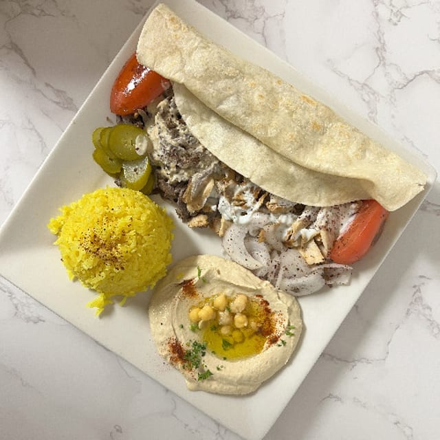 Lamb-Beef/Chicken Shawarma Combo Plate.