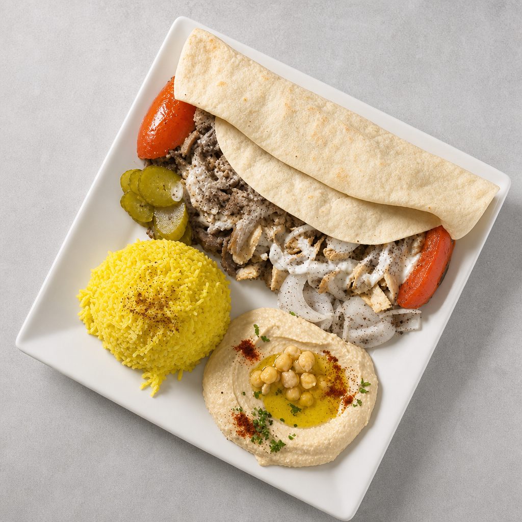 Lamb-Beef/Chicken Shawarma Combo Plate.