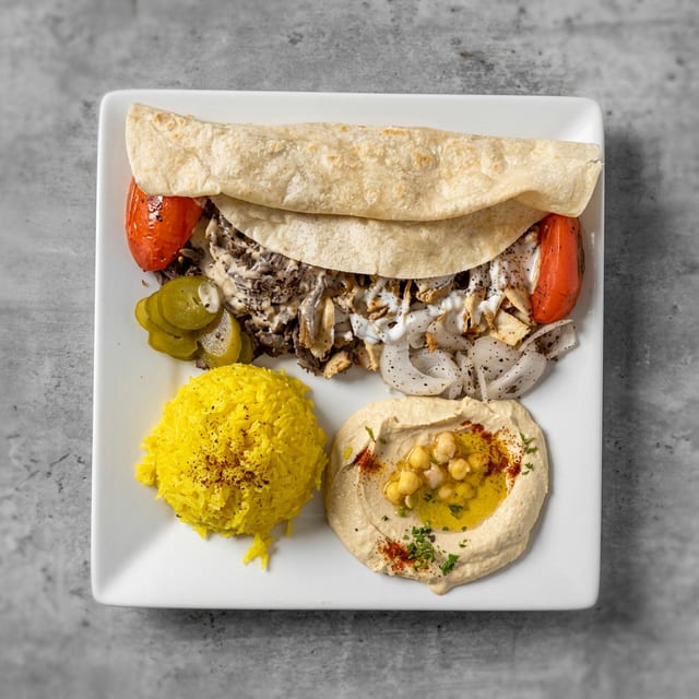 Lamb-Beef/Chicken Shawarma Combo Plate.